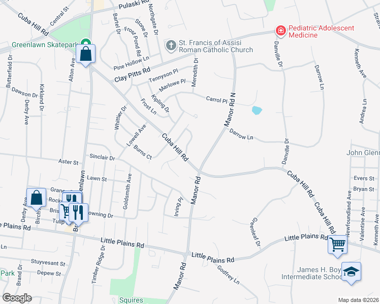 map of restaurants, bars, coffee shops, grocery stores, and more near 119 Cuba Hill Road in Greenlawn