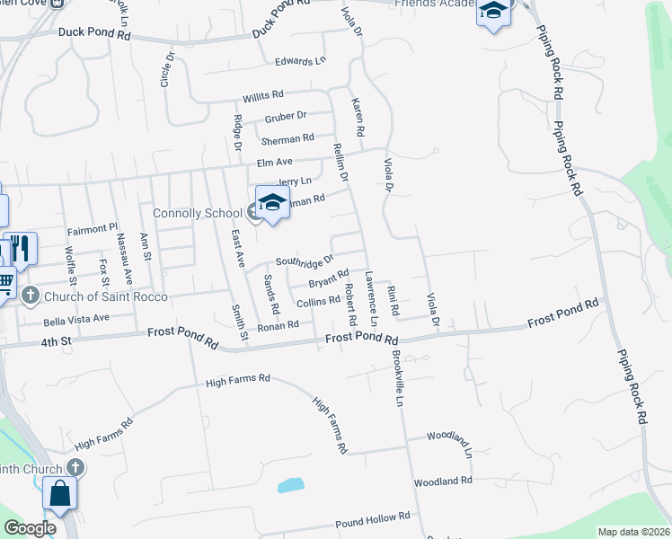 map of restaurants, bars, coffee shops, grocery stores, and more near 12 Bryant Road in Glen Cove