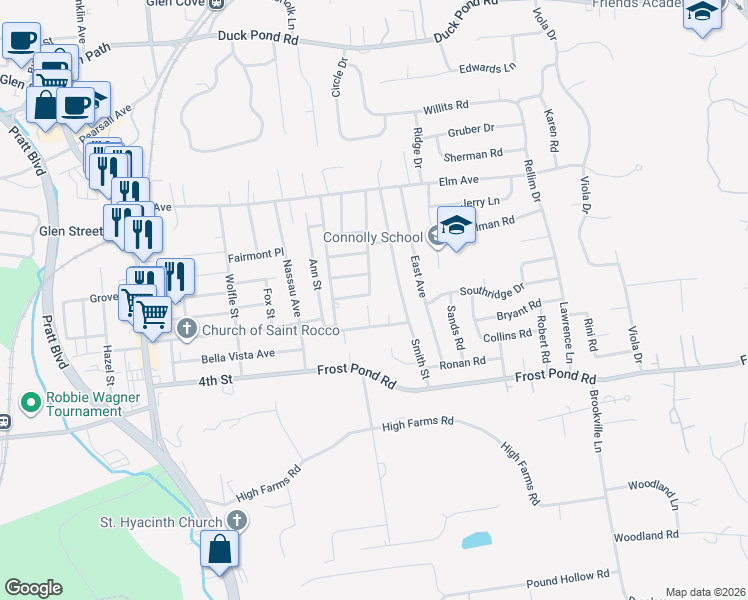 map of restaurants, bars, coffee shops, grocery stores, and more near 75 Frost Pond Road in Glen Cove