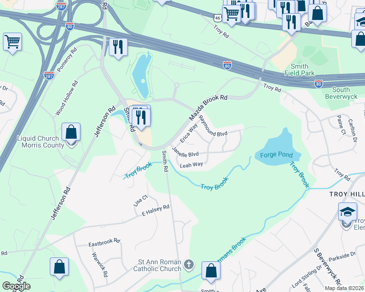 map of restaurants, bars, coffee shops, grocery stores, and more near 23 Janelle Boulevard in Parsippany-Troy Hills