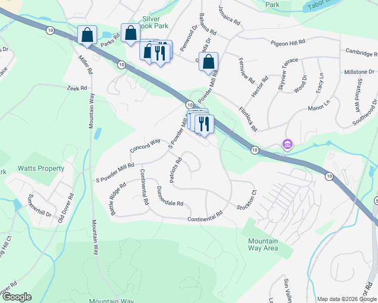 map of restaurants, bars, coffee shops, grocery stores, and more near 46 Patriots Road in Morris Plains