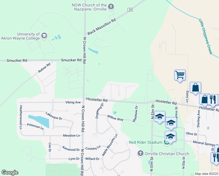 map of restaurants, bars, coffee shops, grocery stores, and more near 1351 Grace Lane in Orrville