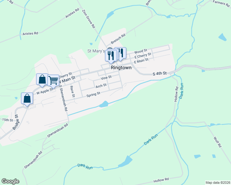 map of restaurants, bars, coffee shops, grocery stores, and more near 305 Tanner Street in Ringtown