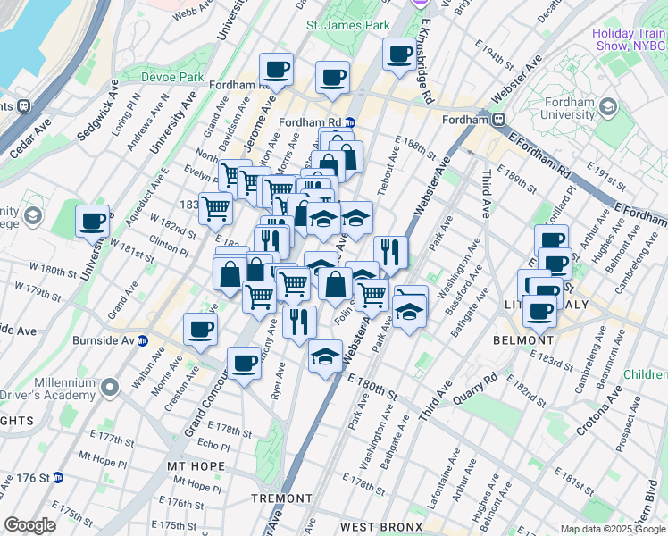 map of restaurants, bars, coffee shops, grocery stores, and more near in The Bronx