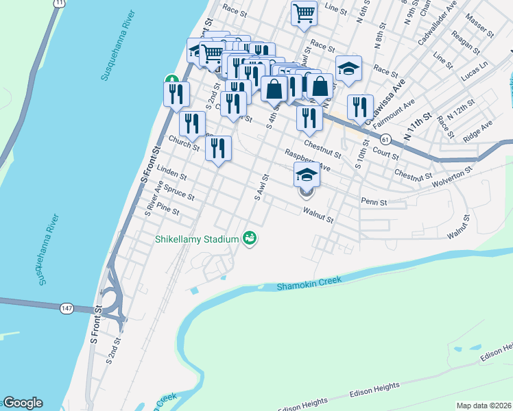map of restaurants, bars, coffee shops, grocery stores, and more near 330 South Awl Street in Sunbury