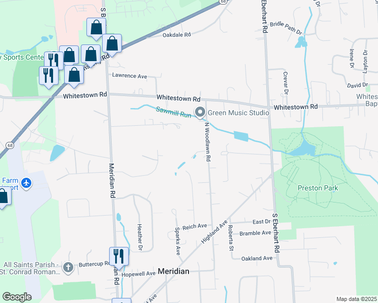 map of restaurants, bars, coffee shops, grocery stores, and more near 215 North Woodlawn Road in Meridian