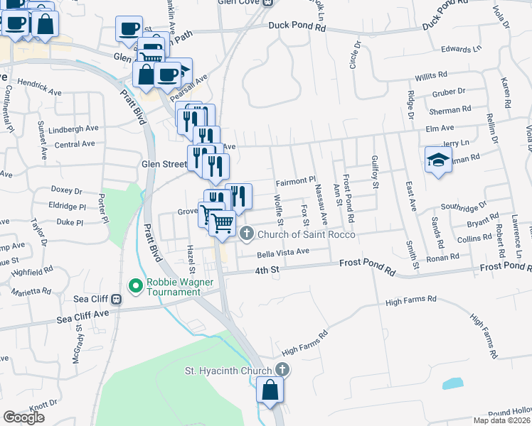 map of restaurants, bars, coffee shops, grocery stores, and more near 26A 2nd Street in Glen Cove