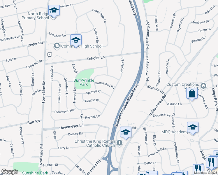 map of restaurants, bars, coffee shops, grocery stores, and more near 4 Farmstead Road in Commack
