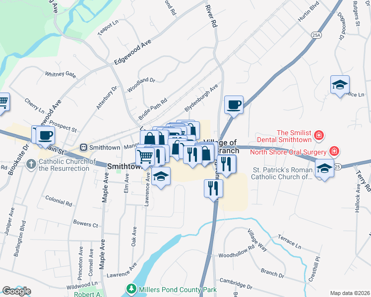 map of restaurants, bars, coffee shops, grocery stores, and more near 80 East Main Street in Smithtown
