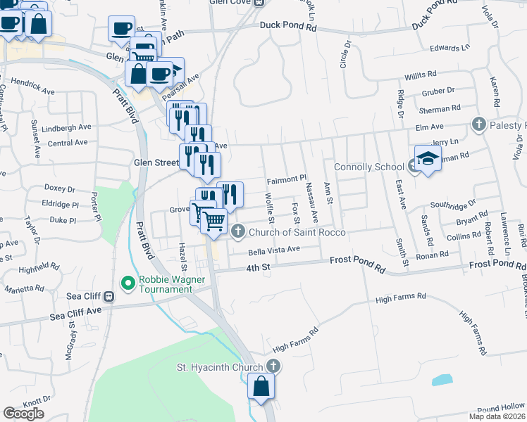 map of restaurants, bars, coffee shops, grocery stores, and more near 47 Wolfle Street in Glen Cove