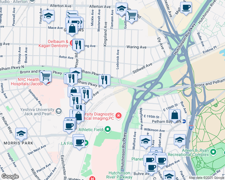 map of restaurants, bars, coffee shops, grocery stores, and more near 1500 Bassett Avenue in Bronx