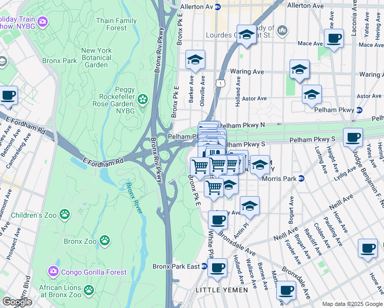 map of restaurants, bars, coffee shops, grocery stores, and more near 2185 Bolton Street in The Bronx