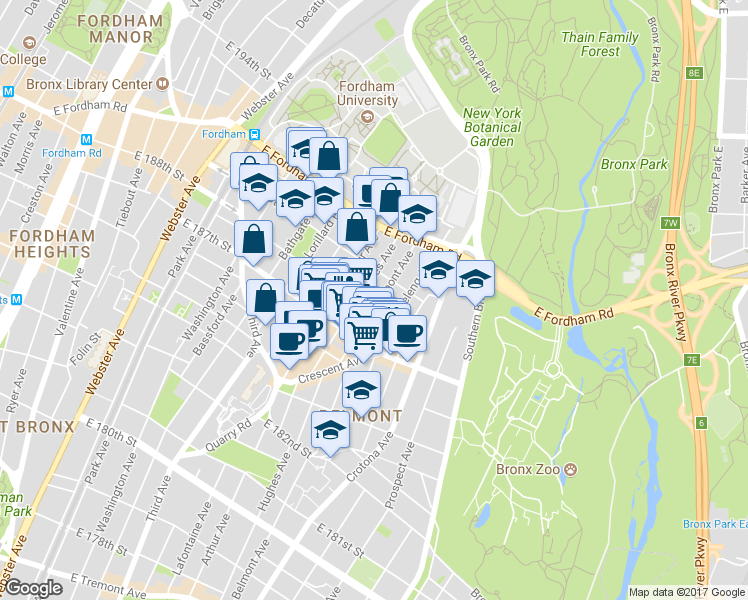 map of restaurants, bars, coffee shops, grocery stores, and more near in The Bronx