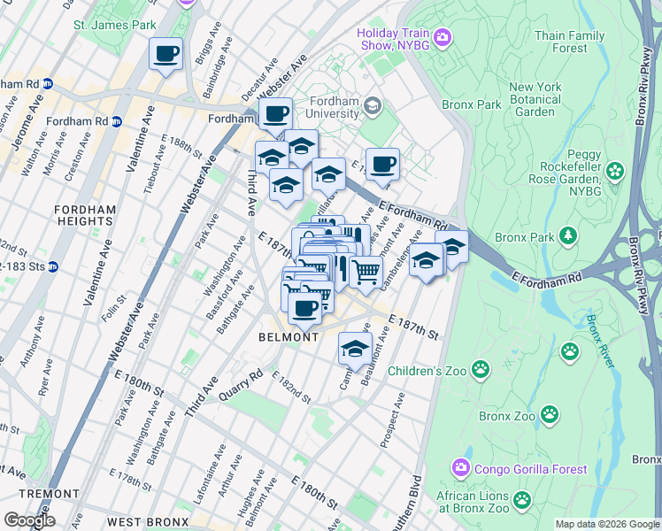map of restaurants, bars, coffee shops, grocery stores, and more near 611 East 187th Street in Bronx