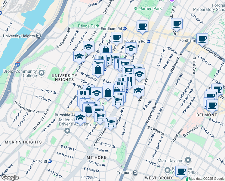 map of restaurants, bars, coffee shops, grocery stores, and more near in The Bronx