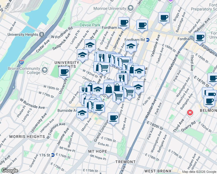 map of restaurants, bars, coffee shops, grocery stores, and more near in The Bronx