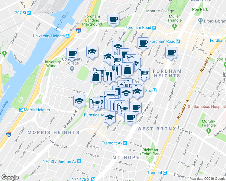 map of restaurants, bars, coffee shops, grocery stores, and more near in The Bronx
