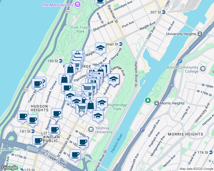 map of restaurants, bars, coffee shops, grocery stores, and more near 530 Audubon Avenue in New York