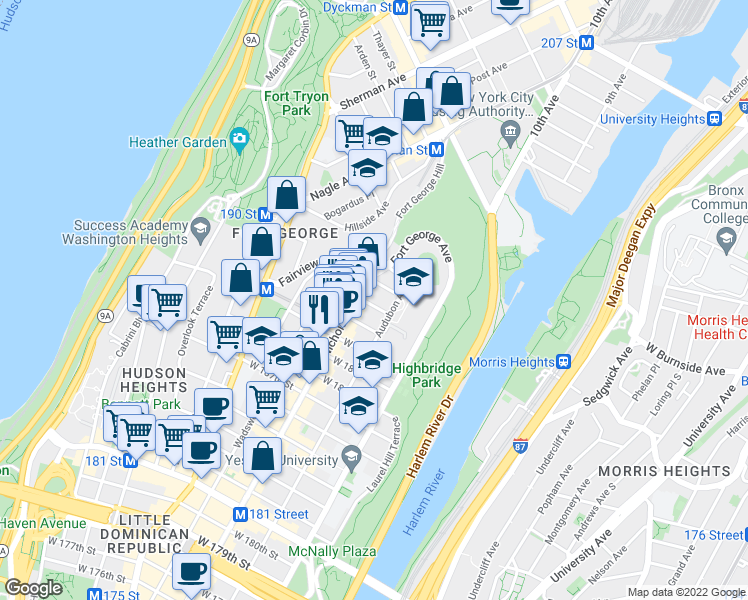 map of restaurants, bars, coffee shops, grocery stores, and more near 530 Audubon Avenue in New York