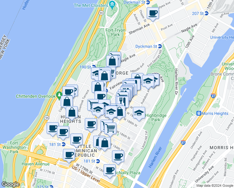 map of restaurants, bars, coffee shops, grocery stores, and more near 341 Wadsworth Avenue in New York