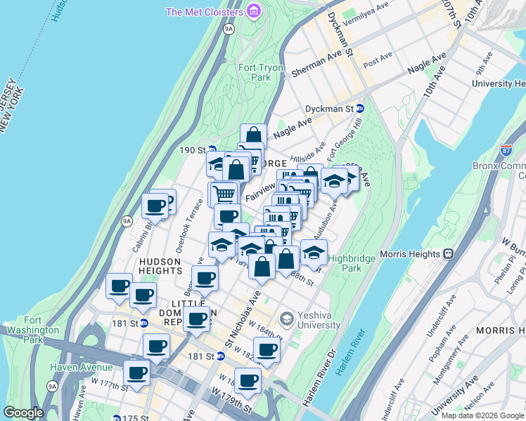 map of restaurants, bars, coffee shops, grocery stores, and more near 46 Wadsworth Terrace in New York