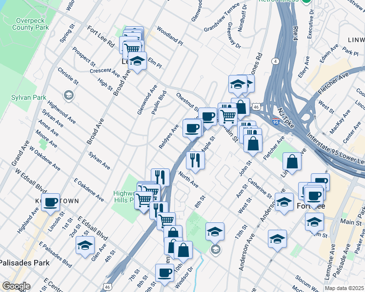 map of restaurants, bars, coffee shops, grocery stores, and more near 1616 Bergen Boulevard in Fort Lee