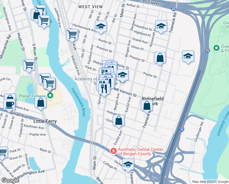 map of restaurants, bars, coffee shops, grocery stores, and more near 167 Main Street in Ridgefield Park