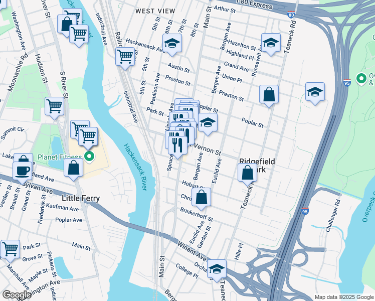 map of restaurants, bars, coffee shops, grocery stores, and more near 167 Main Street in Ridgefield Park