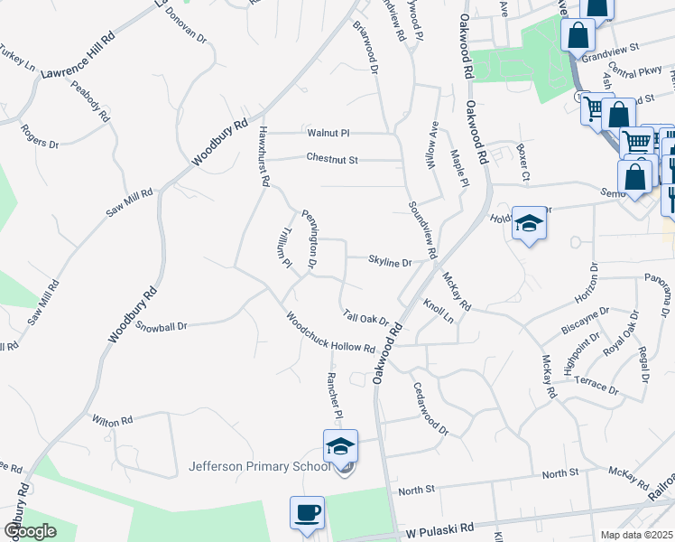 map of restaurants, bars, coffee shops, grocery stores, and more near 23 Tall Oak Drive in Huntington