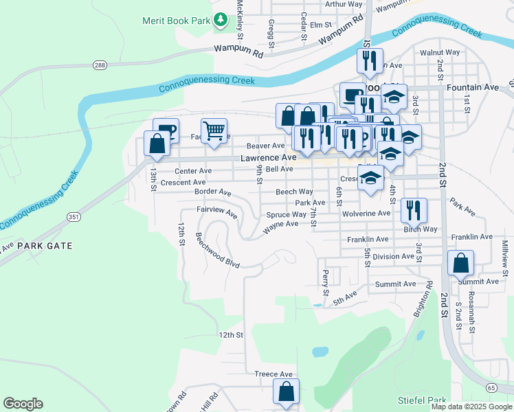 map of restaurants, bars, coffee shops, grocery stores, and more near 511 9th Street in Ellwood City