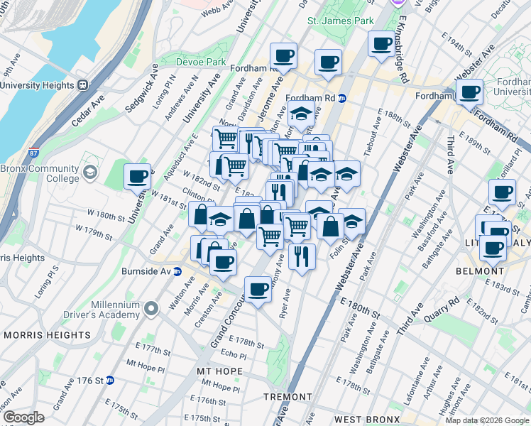 map of restaurants, bars, coffee shops, grocery stores, and more near 2188 Creston Avenue in The Bronx