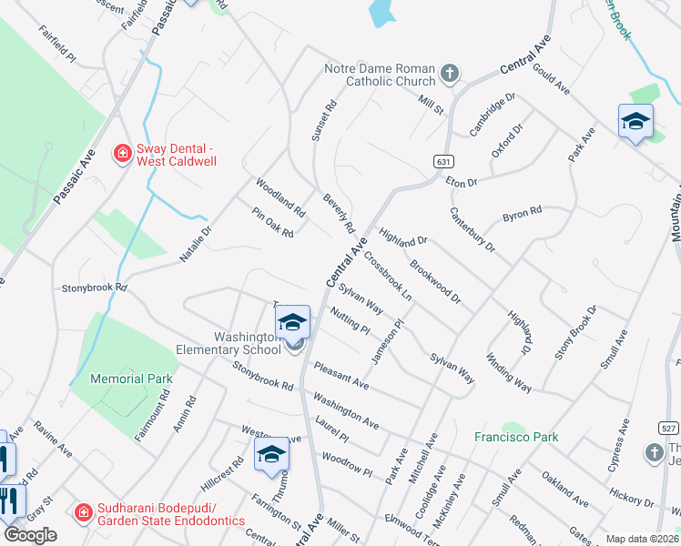 map of restaurants, bars, coffee shops, grocery stores, and more near 243 Central Avenue in West Caldwell