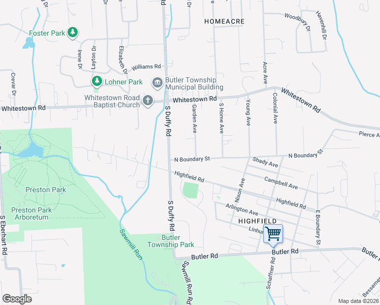 map of restaurants, bars, coffee shops, grocery stores, and more near 253 North Boundary Street in Butler
