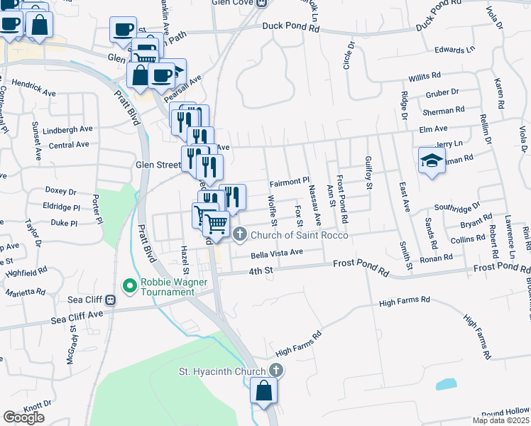 map of restaurants, bars, coffee shops, grocery stores, and more near 47 Wolfle Street in Glen Cove