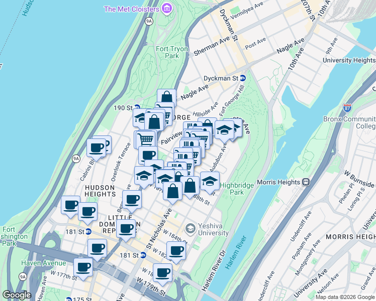 map of restaurants, bars, coffee shops, grocery stores, and more near 609 West 191st Street in New York