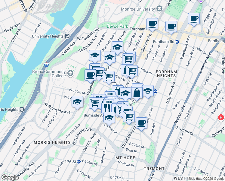 map of restaurants, bars, coffee shops, grocery stores, and more near 2120 Davidson Avenue in The Bronx