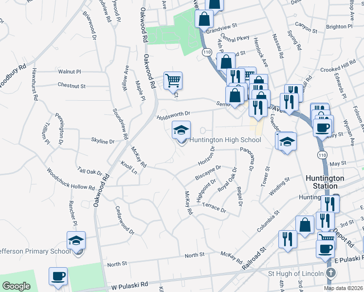 map of restaurants, bars, coffee shops, grocery stores, and more near 188 Oakwood Road in Huntington