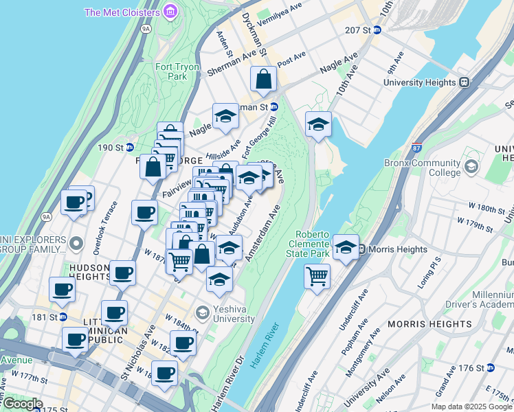 map of restaurants, bars, coffee shops, grocery stores, and more near 549 Audubon Avenue in New York