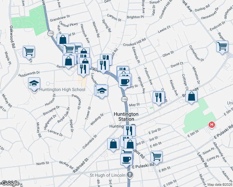 map of restaurants, bars, coffee shops, grocery stores, and more near 92 Town House Road North in Huntington Station