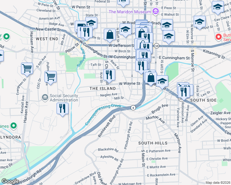 map of restaurants, bars, coffee shops, grocery stores, and more near 303 Negley Avenue in Butler