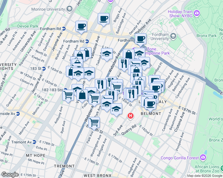 map of restaurants, bars, coffee shops, grocery stores, and more near Park Avenue in The Bronx
