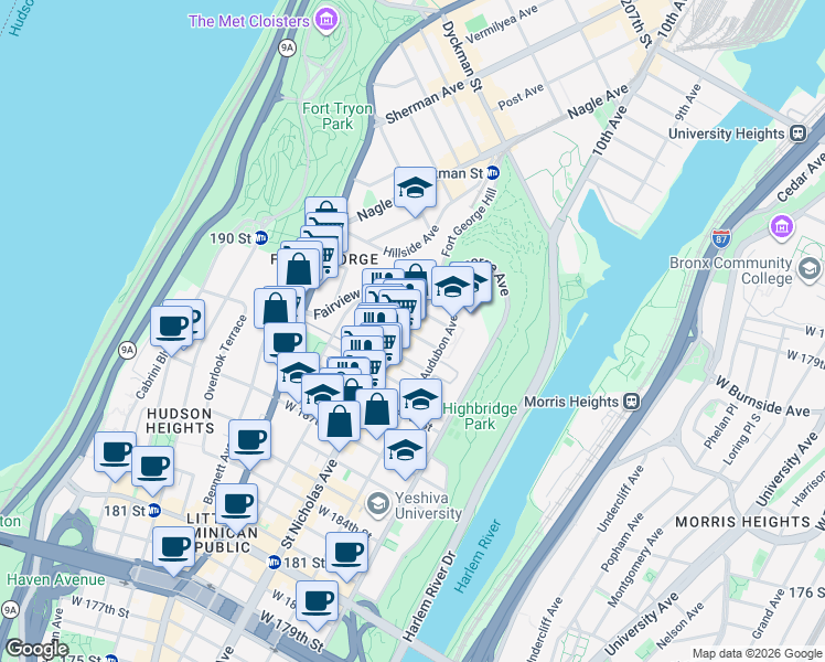 map of restaurants, bars, coffee shops, grocery stores, and more near 573 West 192nd Street in New York