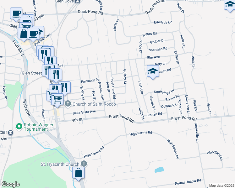 map of restaurants, bars, coffee shops, grocery stores, and more near Campbell Street in Glen Cove
