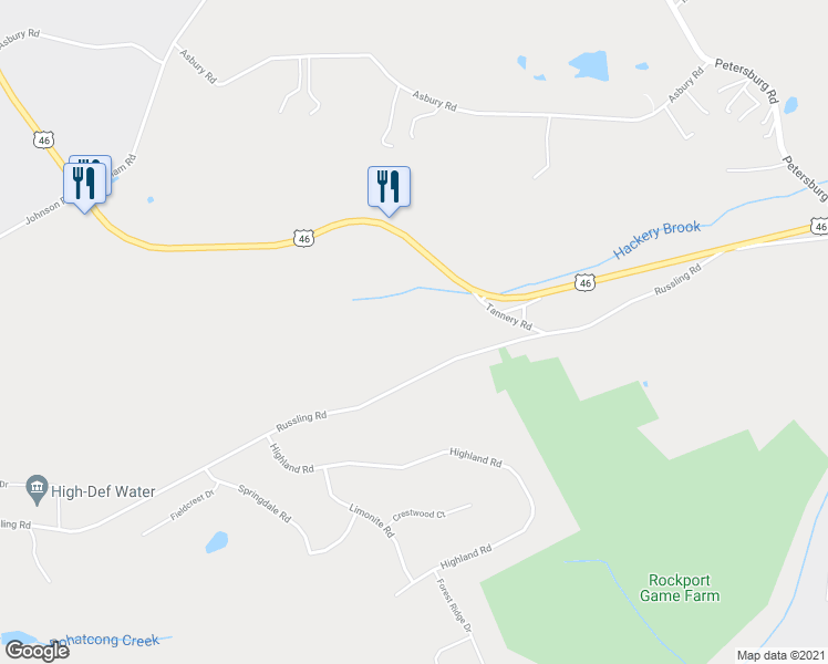 map of restaurants, bars, coffee shops, grocery stores, and more near 44 Russling Road in Hackettstown