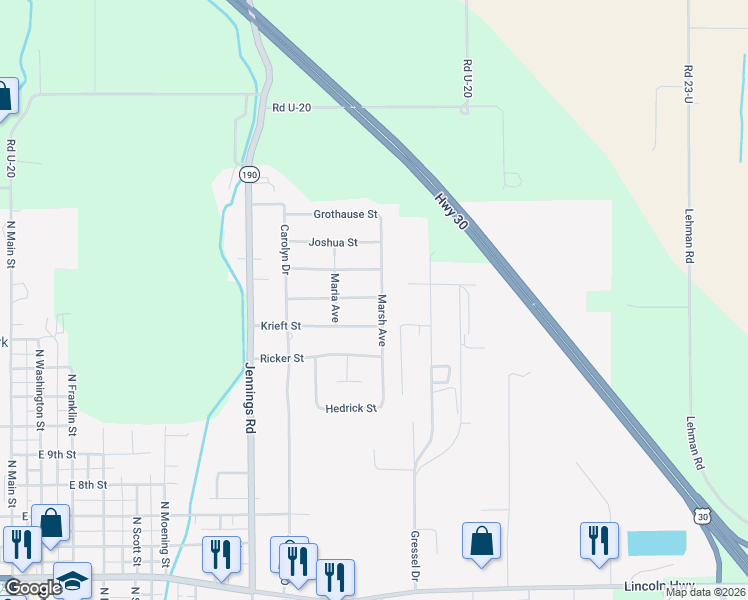 map of restaurants, bars, coffee shops, grocery stores, and more near 1301-1399 Marsh Avenue in Delphos