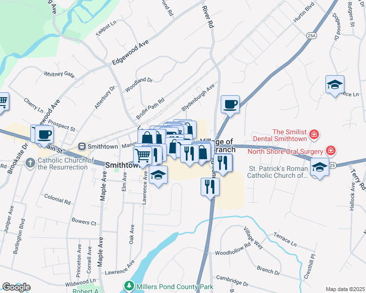 map of restaurants, bars, coffee shops, grocery stores, and more near 80 East Main Street in Smithtown