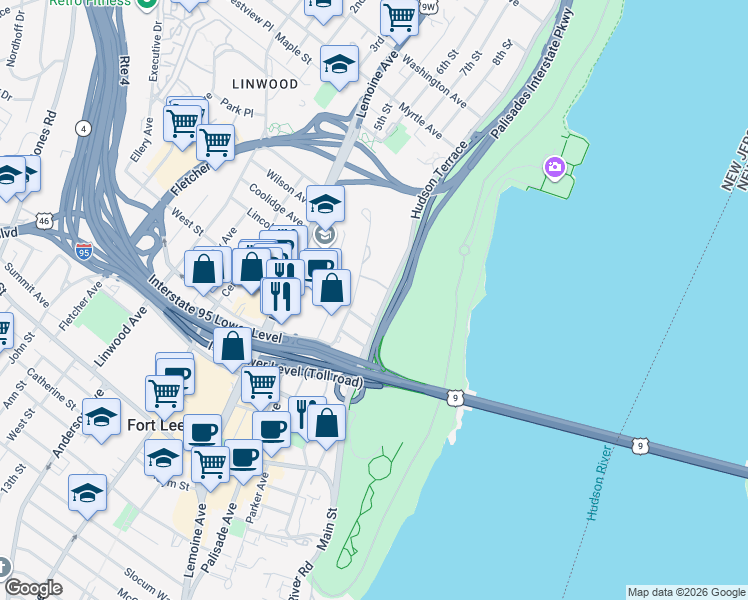 map of restaurants, bars, coffee shops, grocery stores, and more near 2175 Hudson Terrace in Fort Lee