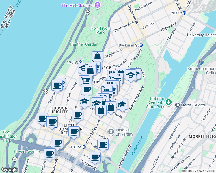 map of restaurants, bars, coffee shops, grocery stores, and more near 367 Wadsworth Avenue in New York