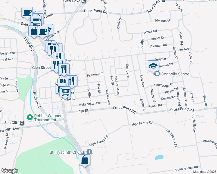 map of restaurants, bars, coffee shops, grocery stores, and more near 55 Nassau Avenue in Glen Cove