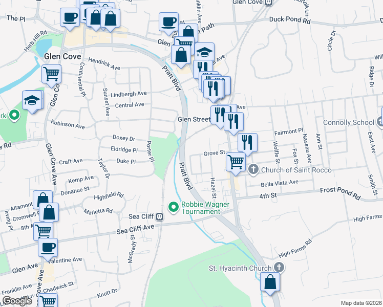 map of restaurants, bars, coffee shops, grocery stores, and more near 46 Stanco Street in Glen Cove